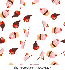 Very high quality original trendy vector seamless pattern with a strawberry chocolate pancake and milkshake