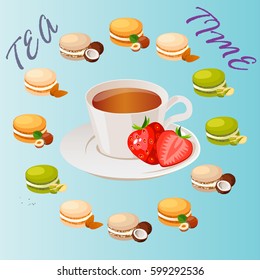 Very high quality original trendy vector illustration cup of strawberry tea and macaroons cookie with different taste