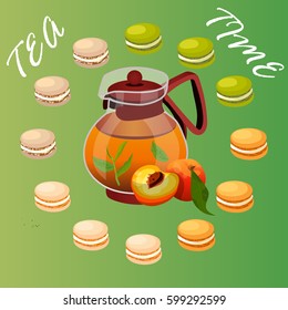 Very high quality original trendy vector illustration of teapot with peach tea and macaroons cookie