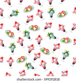 Very high quality original trendy seamless pattern with strawberry, cherry and mint ice cream in a glass