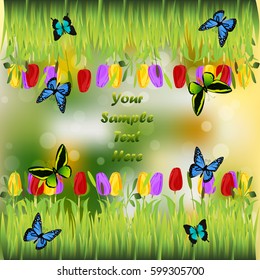 Very high quality original trendy illustration of grass with flowers, tulip and butterfly frame for text or card