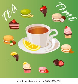 Very high quality original trendy vector illustration cup of lemon tea and sweets