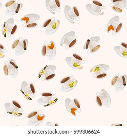 Very high quality original trendy vector seamless pattern with hazelnut, almonds, and pistachio hot chocolate cup