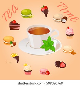 Very high quality original trendy vector illustration cup of mint tea and sweets