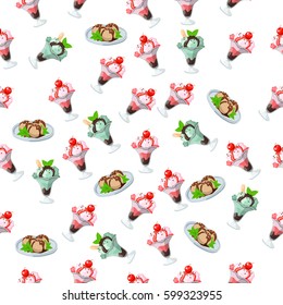 Very high quality original trendy seamless pattern with strawberry, cherry and mint ice cream in a glass