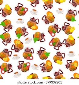 Very high quality original trendy vector seamless pattern teapot with lemon, lychee, orange and mint tea