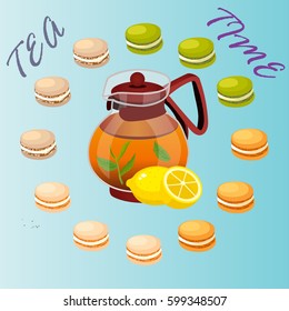 Very high quality original trendy vector illustration of teapot with lemon tea and macaroons cookie
