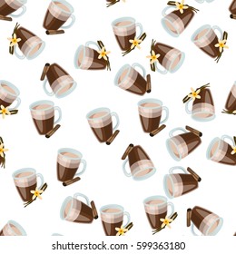 Very high quality original trendy vector seamless pattern with cinnamon and vanilla hot chocolate cup