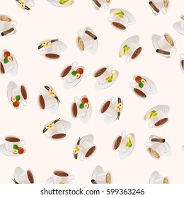 Very high quality original trendy vector seamless pattern with hazelnut, vanilla, pistachio and cinnamon hot chocolate cup