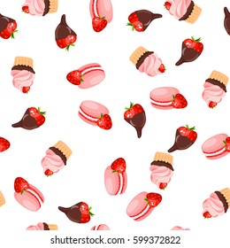 Very high quality original trendy vector seamless pattern with a strawberry chocolate pancake and macaroons