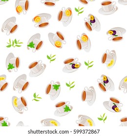 Very high quality original trendy vector seamless pattern tea cup with plum and orange, mint, lemon