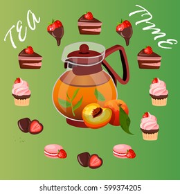 Very high quality original trendy vector illustration of teapot with peach tea and strawberry sweets