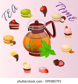 Very high quality original trendy vector illustration of teapot with mint tea and sweets