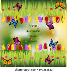 Very high quality original trendy illustration of grass with flowers, tulip and butterfly frame for text or card