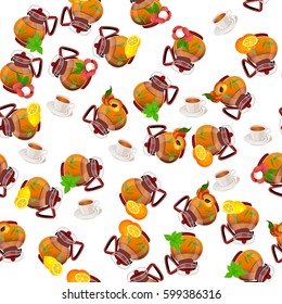 Very high quality original trendy vector seamless pattern teapot with orange, lemon, lychee and mint tea