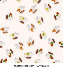 Very high quality original trendy vector seamless pattern with hazelnut, almonds, and pistachio hot chocolate cup