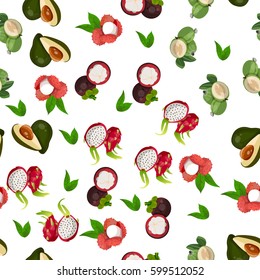 Very high quality original trendy vector seamless pattern with pitaya, avocado, mangosteen, lychee, dragon fruit, exotic tropical fruit