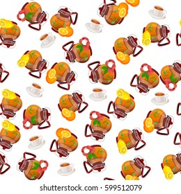 Very high quality original trendy vector seamless pattern teapot with chamomile, lychee, orange and lemon tea