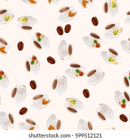 Very high quality original trendy vector seamless pattern with hazelnut, almonds, almonds and pistachio hot chocolate cup