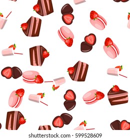 Very high quality original trendy vector seamless pattern with a strawberry in chocolate and macaroons