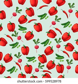 Very high quality original trendy vector seamless pattern with green peas pods and red pepper, radish