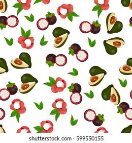 Very high quality original trendy vector seamless pattern with lychee, mangosteen, avocado, exotic tropical fruit
