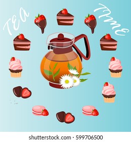 Very high quality original trendy vector illustration of teapot with chamomile tea and strawberry sweets