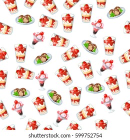 Very high quality original trendy seamless pattern with strawberry, cherry and mint ice cream in a glass