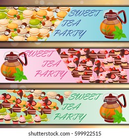 Very high quality original trendy vector banner set with sweets and teapot