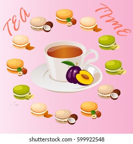 Very high quality original trendy vector illustration cup of plum tea and macaroons cookie with different taste