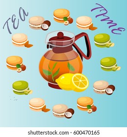 Very high quality original trendy vector illustration of teapot with lemon tea and macaroons cookie with different taste