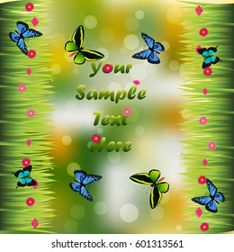 Very high quality original trendy illustration of grass with flowers and butterfly frame for text or card