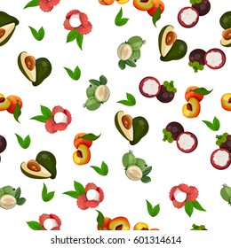 Very high quality original trendy vector seamless pattern with pitaya, peach, feijoa, dragon fruit, exotic tropical fruit