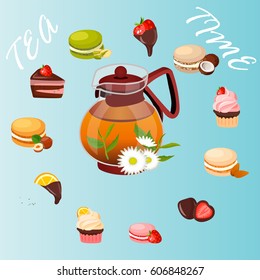 Very high quality original trendy vector illustration of teapot with chamomile tea and sweets