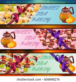 Very high quality original trendy vector banner set with sweets and teapot