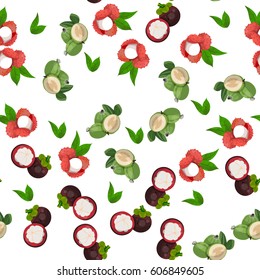 Very high quality original trendy vector seamless pattern with lychee, feijoa, mangosteen, exotic tropical fruit