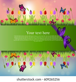 Very high quality original trendy banner with grass, chamomile, Tulip and butterfly and realistic ribbon