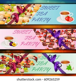 Very high quality original trendy vector banner set with sweets and cup of tea
