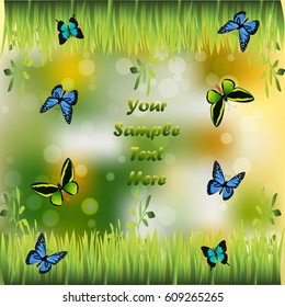 Very high quality original trendy illustration of grass with flowers and butterfly frame for text or card