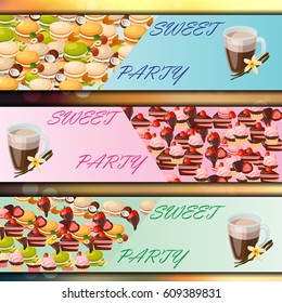 Very high quality original trendy vector banner set with sweets and cup of coffee
