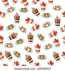 Very high quality original trendy seamless pattern with strawberry, cherry and mint ice cream in a glass