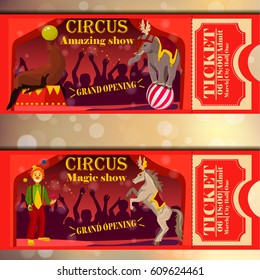 Very high quality original trendy vector illustration of circus ticket set with Sea Lion or seal balancing a ball on its nose, elephant, clown,horse