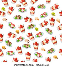 Very high quality original trendy seamless pattern with strawberry, cherry and mint ice cream in a glass