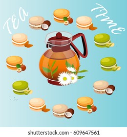 Very high quality original trendy vector illustration of teapot with chamomile tea and macaroons cookie with different taste