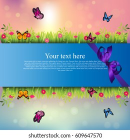Very high quality original trendy banner with grass, chamomile, butterfly and realistic ribbon