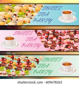 Very high quality original trendy vector banner set with sweets and cup of tea