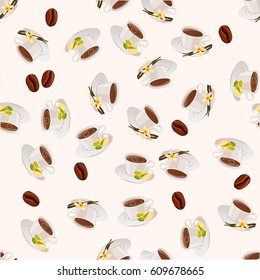 Very high quality original trendy vector seamless pattern with pistachio and vanilla hot chocolate cup