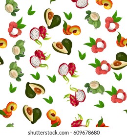 Very high quality original trendy vector seamless pattern with pitaya, avocado, feijoa, dragon fruit, exotic tropical fruit