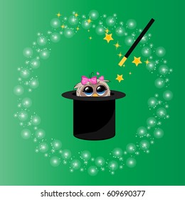Very high quality original trendy vector illustration of magic hat with owl and wand with sparkles