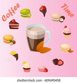 Very high quality original trendy vector illustration cup of almonds coffee and sweets